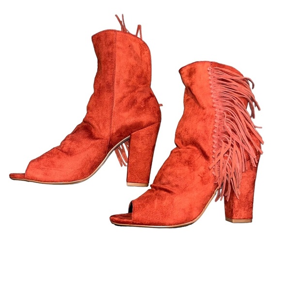 NEW ASOS Red Elaine Fringed Peep Toe Booties - Picture 6 of 11